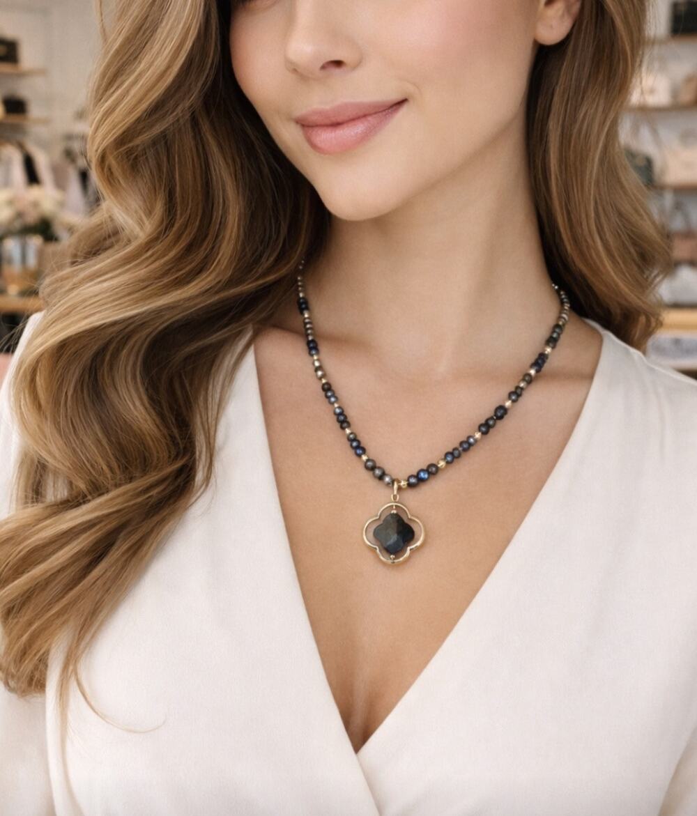 Pomina Gray Gold Beaded Crystal Clover Necklace New